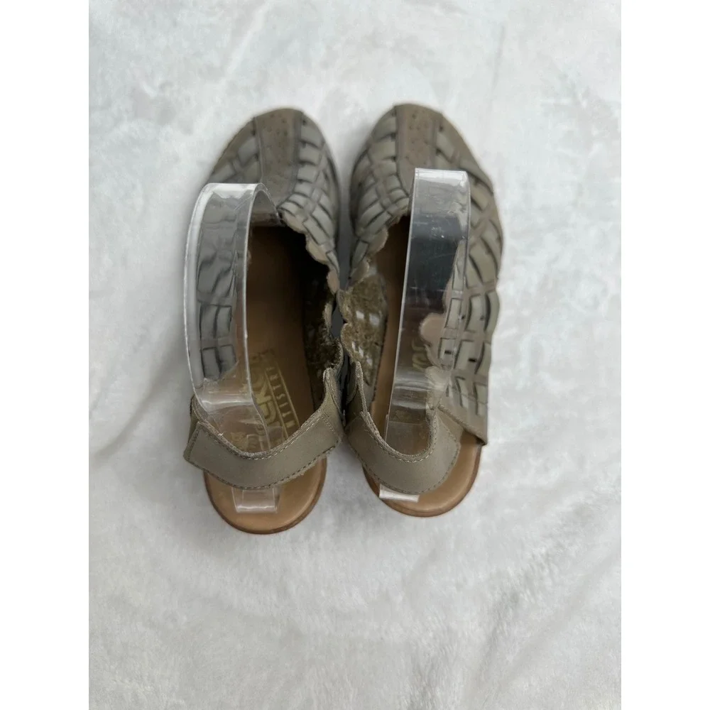 Rieker Sina Antistress Woven Leather Slingback Sandals‎ Taupe Block Heel 38 7.5